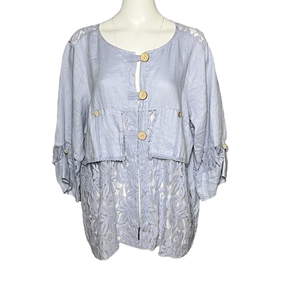 Ali Miles Plus Size 1X Artsy Lagenlook Tunic Top 100% Linen Periwinkle Blue Lace - Picture 8 of 8